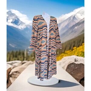 LuLaRoe Long Sweater Duster Aztec Tribal Print Open Front Ribbed Knit Pockets